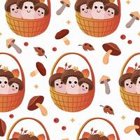 Cute autumn mushrooms in wicker basket. Funny autumn forest seamless pattern. Colorful background. Clipping Mask. vector