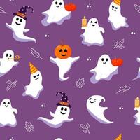 Seamless pattern. Cute halloween ghost and autumn leaves. Different funny characters on purple background. vector