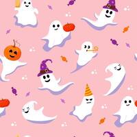 seamless pattern of cute halloween ghost. Different funny characters on pink background. vector