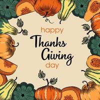 Autumn pumpkin sketch square frame. Thanksgiving greeting card. vector