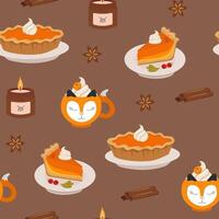 Stock seamless pattern of autumn pumpkin pie and pumpkin latte. Colorful cute design elements on brown background. vector