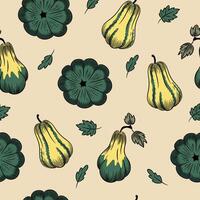 Autumn pumpkin sketch seamless pattern. Whole pumpkins of various shapes, leaves. Color background for paper, packaging, fabric. vector