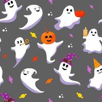 Seamless pattern of cute halloween ghost. Different funny characters on grey background. vector