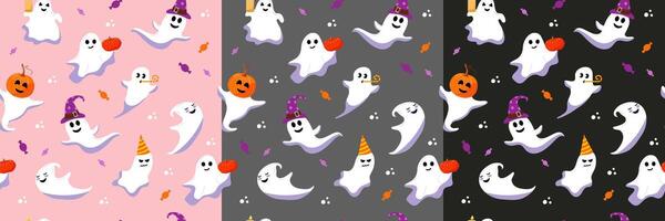 Set of seamless pattern. Cute halloween ghost. Different characters on pink, grey, black background. vector