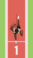 A black man is running in a track and is wearing a white t-shirt. Man on running track. Top view of running track. vector