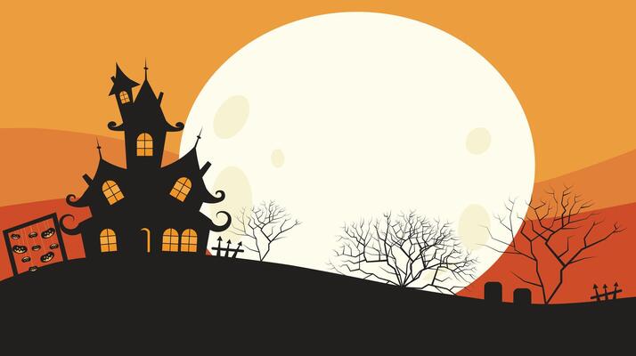 Halloween party card template - spooky castle, dead trees, full moon with orange background illustration