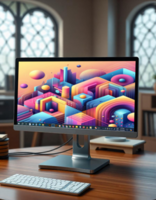 A computer monitor sitting on a desk with a keyboard and mouse psd