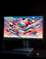 A computer monitor with a colorful graphic on it psd