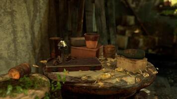 Various aged containers and tools on a wooden table in a rustic setting video