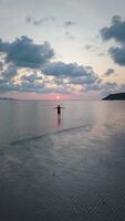 Figure raised up arms on seashore at sunset with clouds illustrating nature's charm aerial view vertical . Person with raised arms admires serene twilight and picturesque sky drone view. video