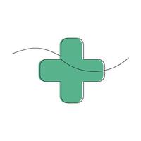 Green cross in one continuous line. One line drawing, minimalism. vector