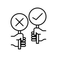 Two hands holding up a magnifying glass with a check mark vector