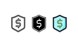 Three different icons for a shield with a dollar sign vector