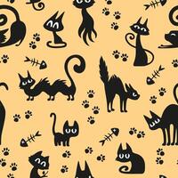 Halloween seamless pattern with black cats, fancy silhouettes. Yellow background. vector