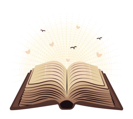 Old beige open book with abstract text, light, birds and hearts, dark academy literature, thick vintage diary, color illustration