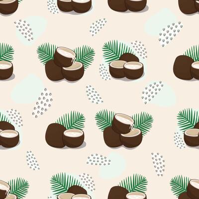 Light coconut seamless pattern with memphis style abstract shapes, colorful endless background