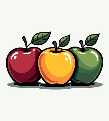three apples and one apple are shown with one that has a leaf on it.