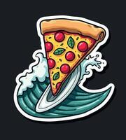 a slice of pizza with red cherries on it and a surfboard with the word pizza on it. vector