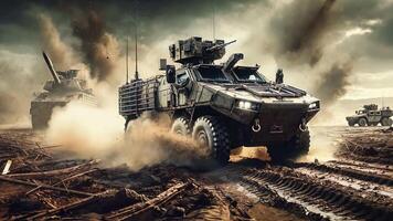 Armored Vehicle Charging Through Muddy Battlefield video