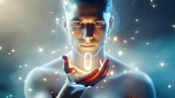 Man Holding a Glowing Pill in a Mystical Aura video