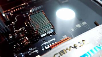Closeup of a hightech circuit board with advanced components video