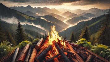 Experience a Majestic Mountain View with a Campfire at Dusk video