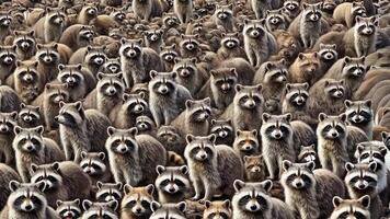 A lively crowd of raccoons can be seen in their rich and diverse natural habitat video