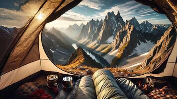 Experience the tranquil and serene view of majestic mountains while camping in a tent video