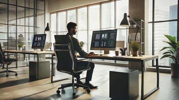 A modern workspace featuring a professional actively working at a computer system video