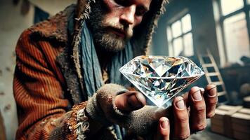 ein Mann packend ein groß funkelnd Diamant im das Mitte von ein verlassen Raum Rahmen video
