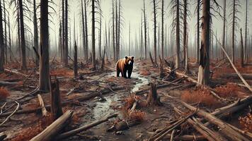 A lone bear moves through the burned forest, desperately seeking hope and survival video