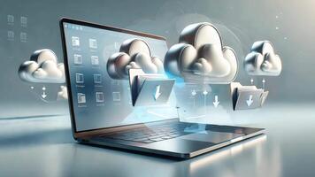 The advanced concept of Cloud Computing Technology featuring a laptop connected to cloud storage video