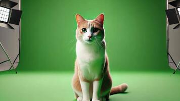 A cute cat is posing elegantly in a studio with a vibrant green background and lights video