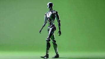 A Robotic Figure in Impressive Motion Set Against a Lush Green Backdrop Background video