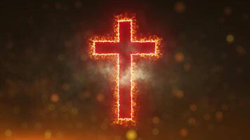 Glowing fiery cross on background with sparks video