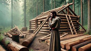 Man Contemplating Near a Log Cabin in a Serene Forest video