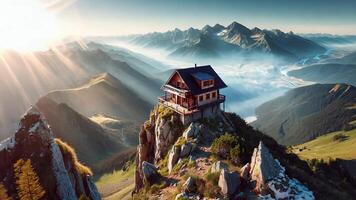 Mountain Sunrise Over Cliffside Cabin video