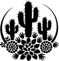 Cactus and flowers in a circle with a black and white background vector