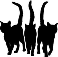 Three cats are silhouetted against a white background vector