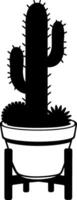 A cactus plant in a pot is shown in black and white vector