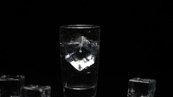 Add ice cube to shot of vodka in glass against black background. Alcohol drink video
