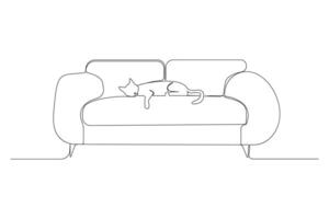 Hand-drawn cat sleeping on sofa continuous one-line art drawing. Couch outline illustration. vector