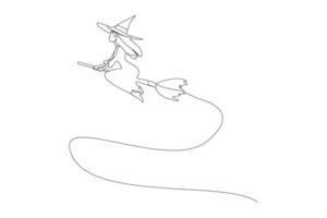 Continuous line art drawing of witch riding on a broom. Halloween concept background vector