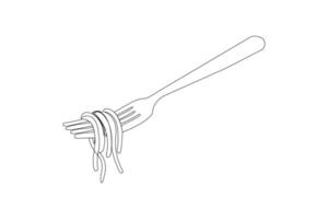 Eating noodles with fork continuous line art. Fork with noodles outline vector