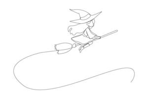 Continuous line art drawing of witch flying broom. Halloween concept background. vector