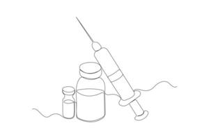 Medicine bottles with syringe line art. Medical concept continuous outline . vector