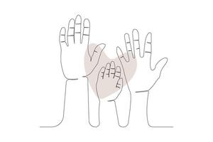Minimalist continuous line art drawing of family hands. Hands of father mother and their baby outline . vector