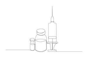 Medicine bottles with syringe one-line art drawing. Medical concept continuous outline . vector