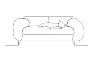 Cat sleeping on sofa continuous one-line art drawing. Couch outline illustration. vector