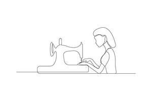 Continuous single-line art drawing of girl using sewing machine. Old sewing machine outline isolated on white background. vector